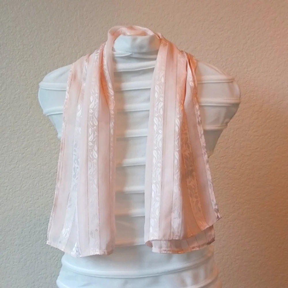 Vintage Handmade Sheer Scarf Pink & Gold Striped with Leaf Pattern, 36.5